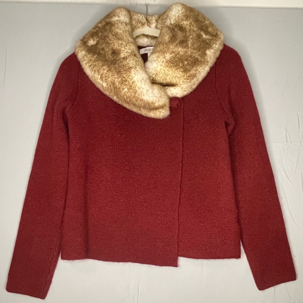 Ellen Tracy Maroon Sweater with Faux Fur Collar